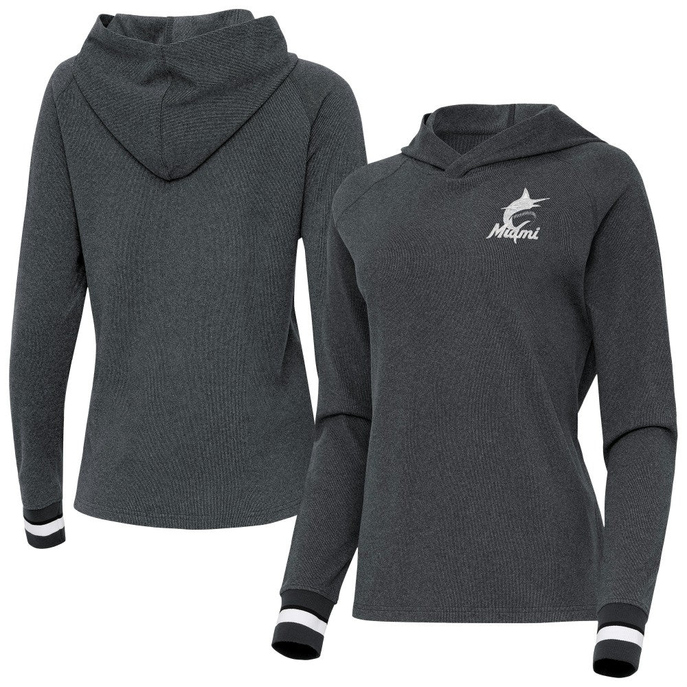Miami Marlins Antigua Women's Trek Pullover Hoodie - Heather Charcoal - MLB on Sale