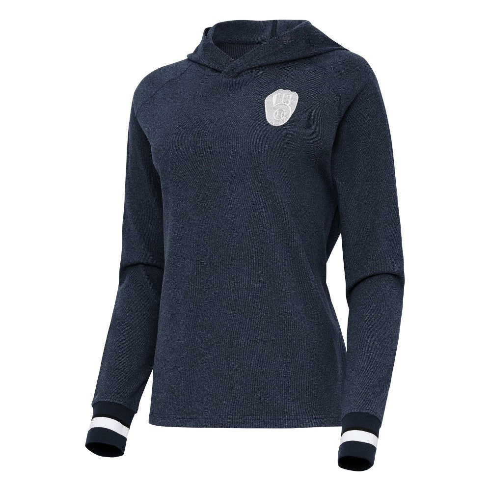 Milwaukee Brewers Antigua Women's Trek Pullover Hoodie - Heather Navy - MLB on Sale
