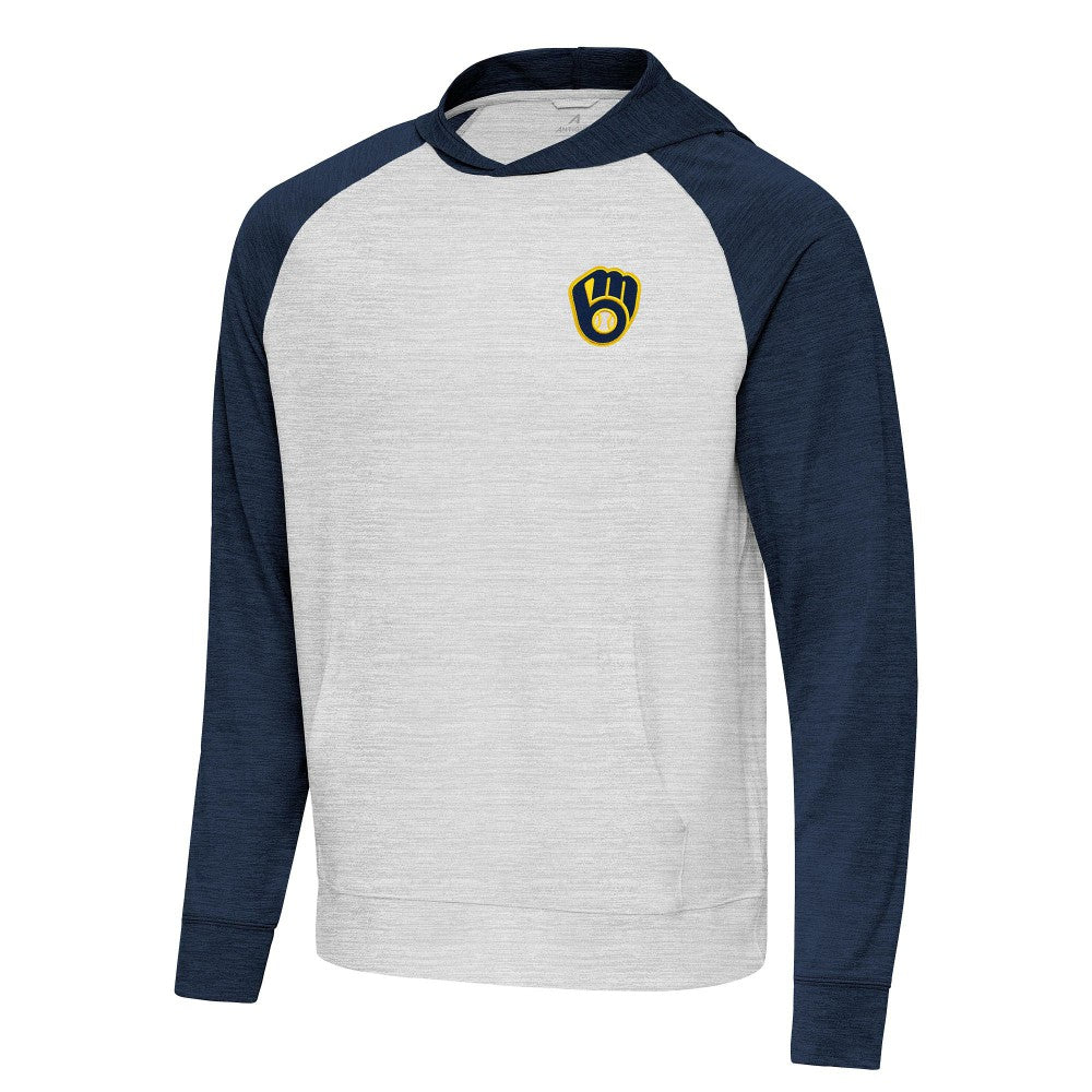 Milwaukee Brewers Antigua Urgent Pullover Hoodie - Heather Navy/Gray - MLB Lifestyle