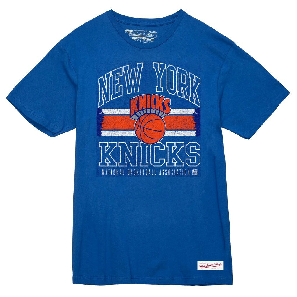 New York Knicks Striped Logo Lockup Premium T-Shirt Royal | Mitchell & Ness online