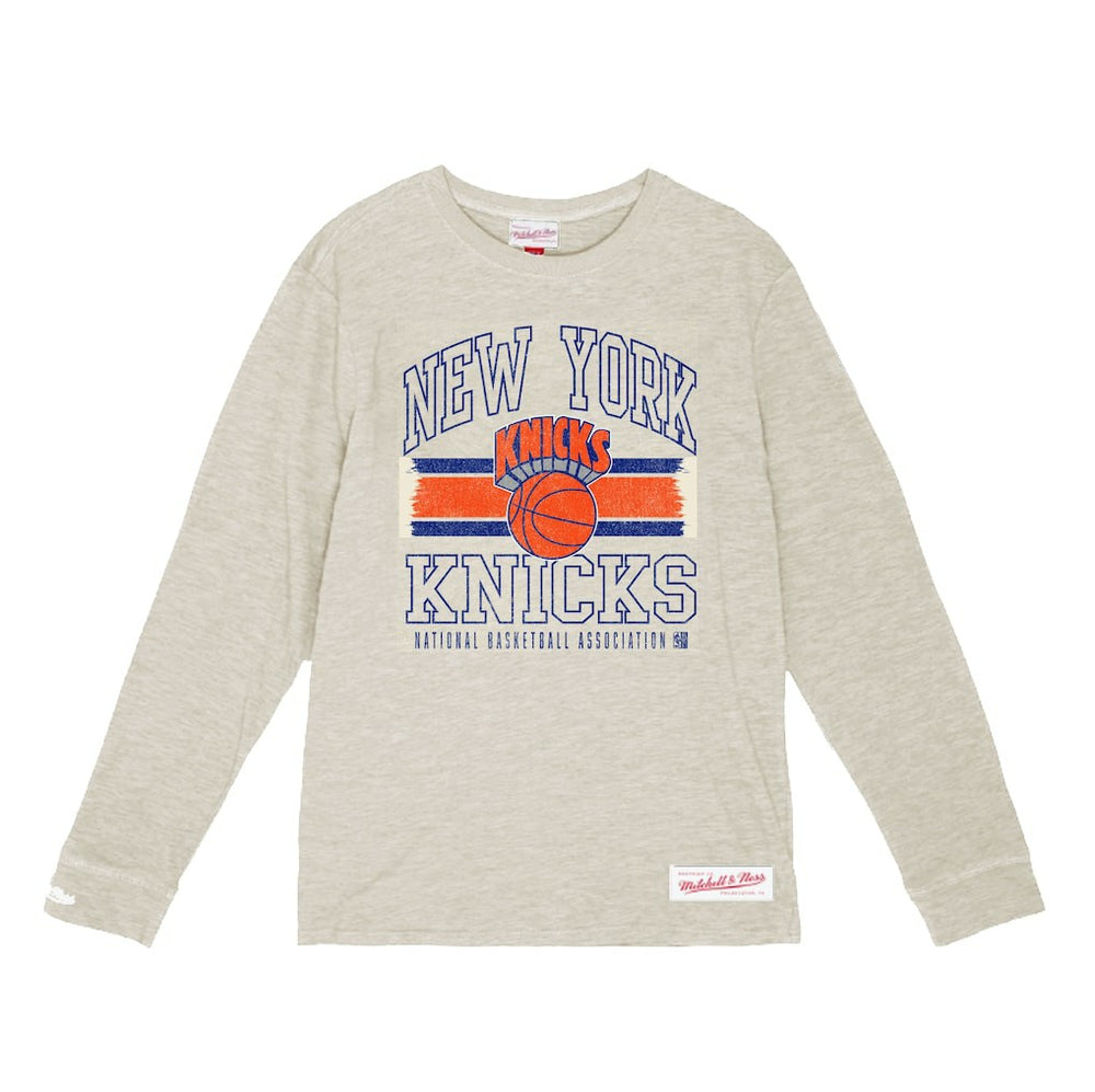 New York Knicks Striped Logo Lockup Premium T-Shirt Cream | Mitchell & Ness outlet