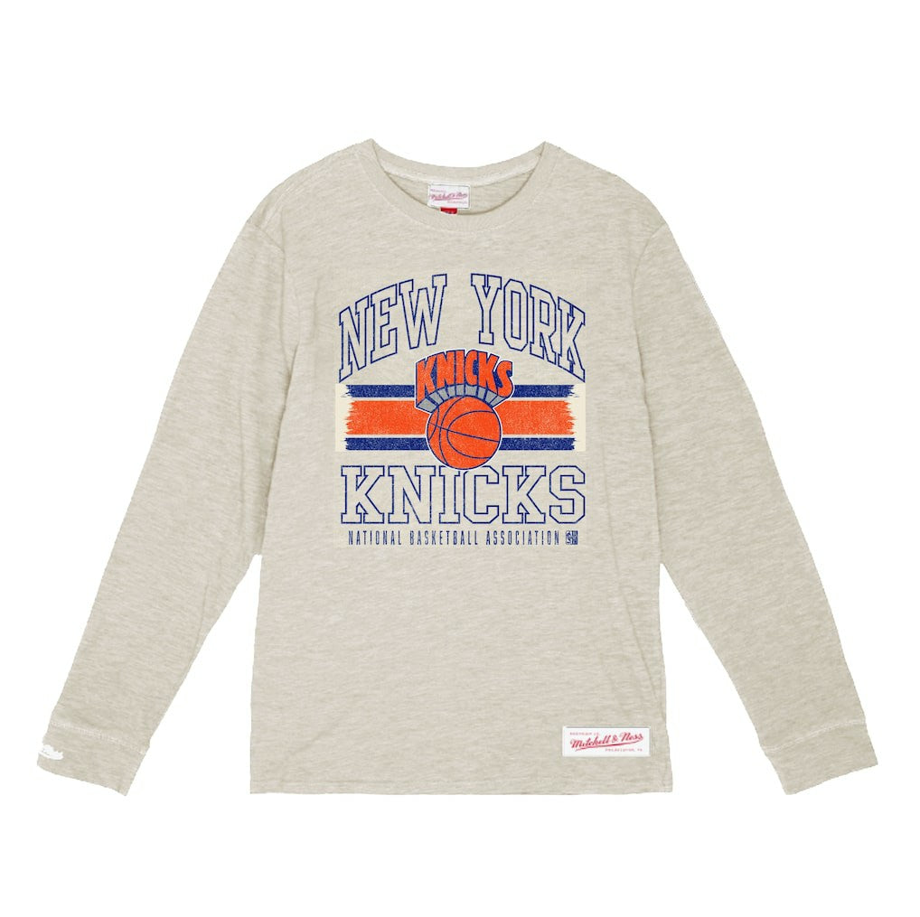 New York Knicks Striped Logo Lockup Premium T-Shirt Cream | Mitchell & Ness outlet