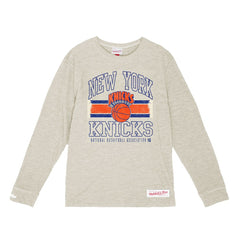 New York Knicks Striped Logo Lockup Premium T-Shirt Cream | Mitchell & Ness outlet