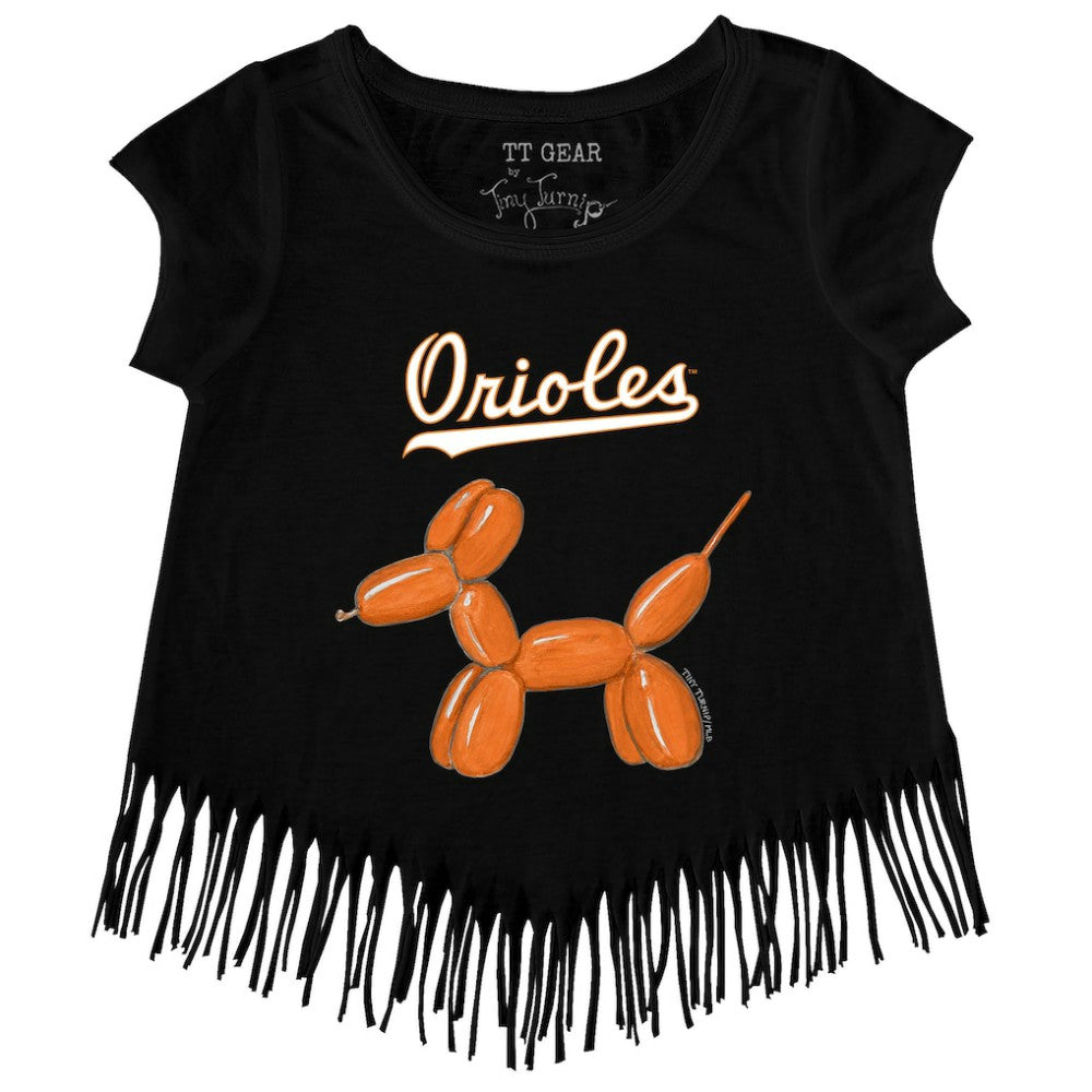 Baltimore Orioles Tiny Turnip Girls Youth Balloon Dog Fringe T-Shirt - Black - MLB Lifestyle