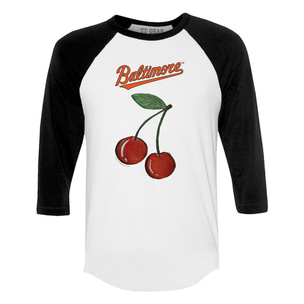 Baltimore Orioles Tiny Turnip Women's Cherries 3/4-Sleeve Raglan Baseball T-Shirt - White - MLB Lifestyle