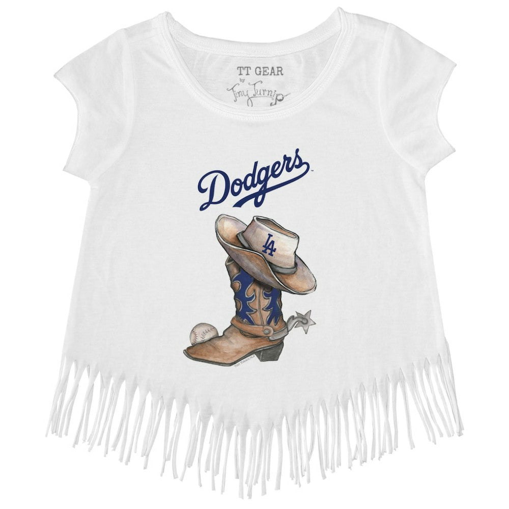 Los Angeles Dodgers Tiny Turnip Girls Youth Cowboy Boot Fringe T-Shirt - White - MLB on Sale