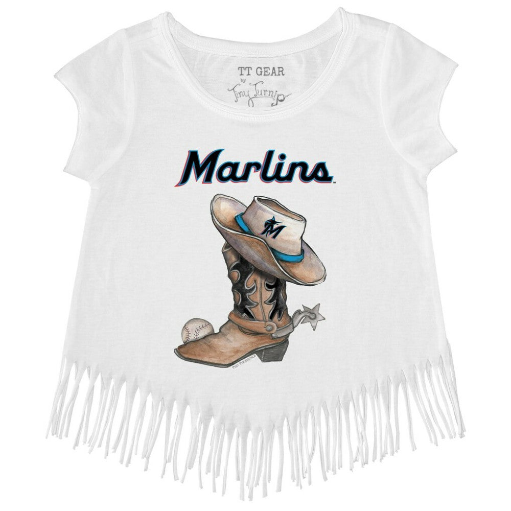 Miami Marlins Tiny Turnip Girls Youth Cowboy Boot Fringe T-Shirt - White - MLB Online