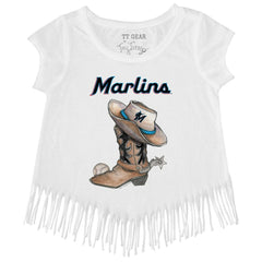 Miami Marlins Tiny Turnip Girls Youth Cowboy Boot Fringe T-Shirt - White - MLB Online