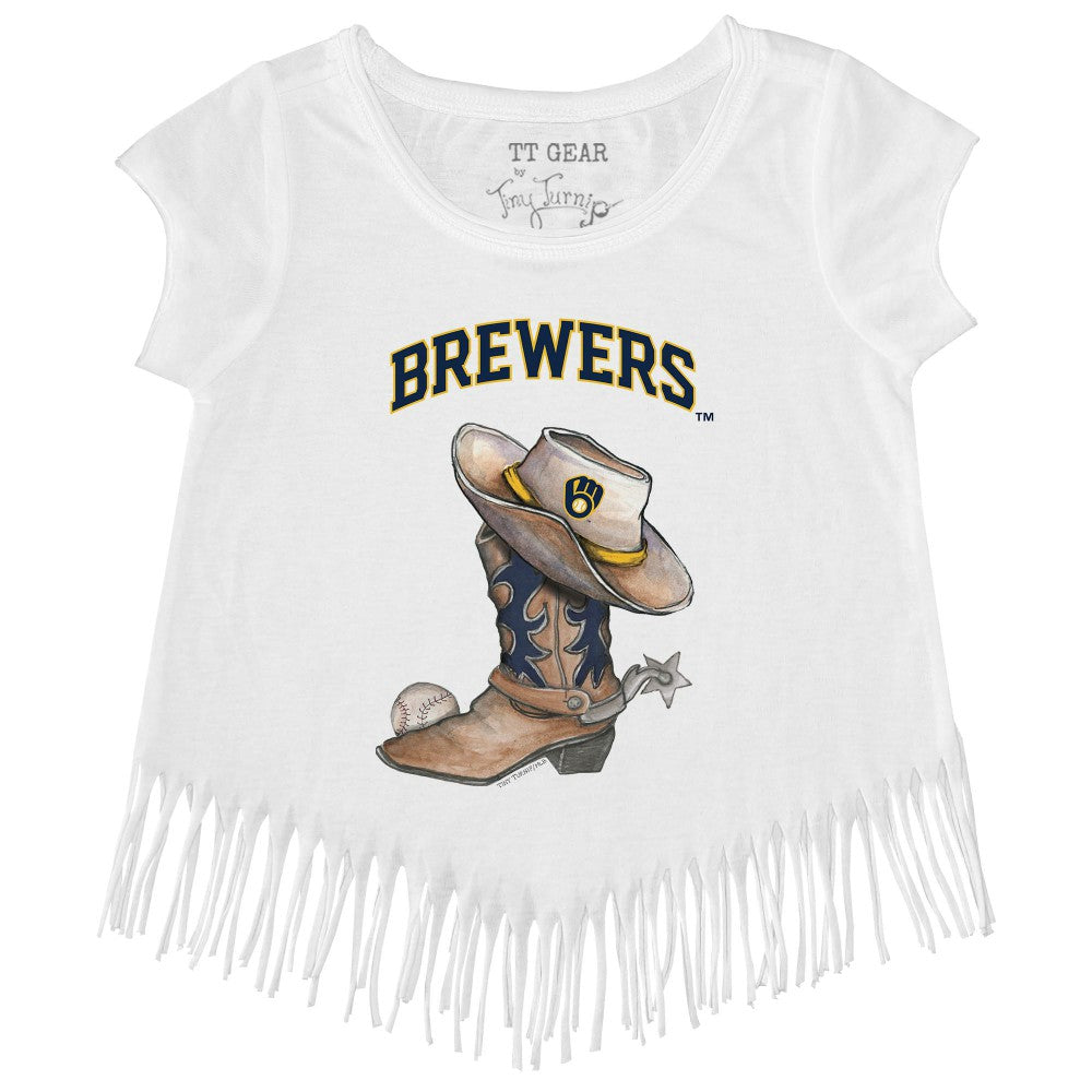 Milwaukee Brewers Tiny Turnip Girls Youth Cowboy Boot Fringe T-Shirt - White - MLB Discount