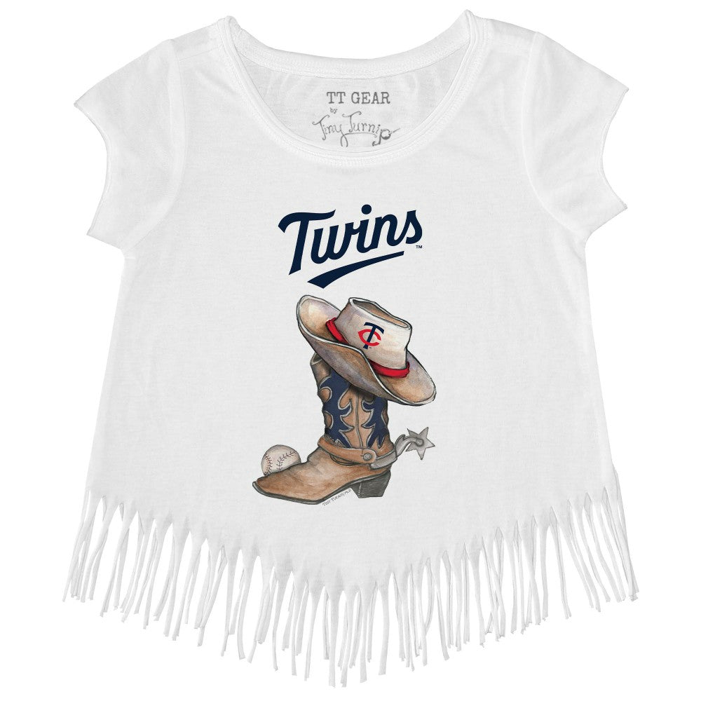 Minnesota Twins Tiny Turnip Girls Youth Cowboy Boot Fringe T-Shirt - White - MLB Discount