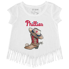 Philadelphia Phillies Tiny Turnip Girls Youth Cowboy Boot Fringe T-Shirt - White - MLB Lifestyle