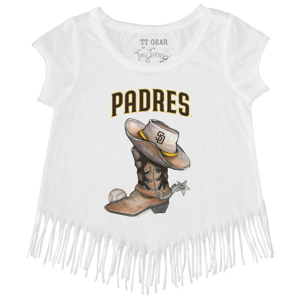 San Diego Padres Tiny Turnip Girls Youth Cowboy Boot Fringe T-Shirt - White - MLB Online