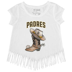 San Diego Padres Tiny Turnip Girls Youth Cowboy Boot Fringe T-Shirt - White - MLB Online