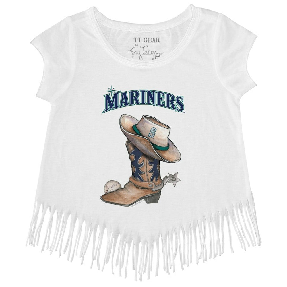 Seattle Mariners Tiny Turnip Girls Youth Cowboy Boot Fringe T-Shirt - White - MLB on Sale