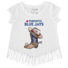 Toronto Blue Jays Tiny Turnip Girls Youth Cowboy Boot Fringe T-Shirt - White - MLB Sale