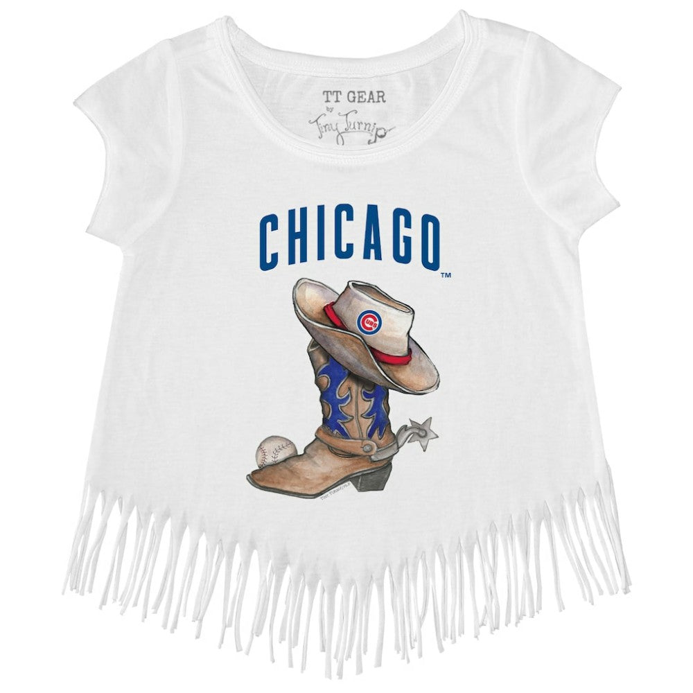 Chicago Cubs Tiny Turnip Girls Youth Cowboy Boot Fringe T-Shirt - White - MLB Discount
