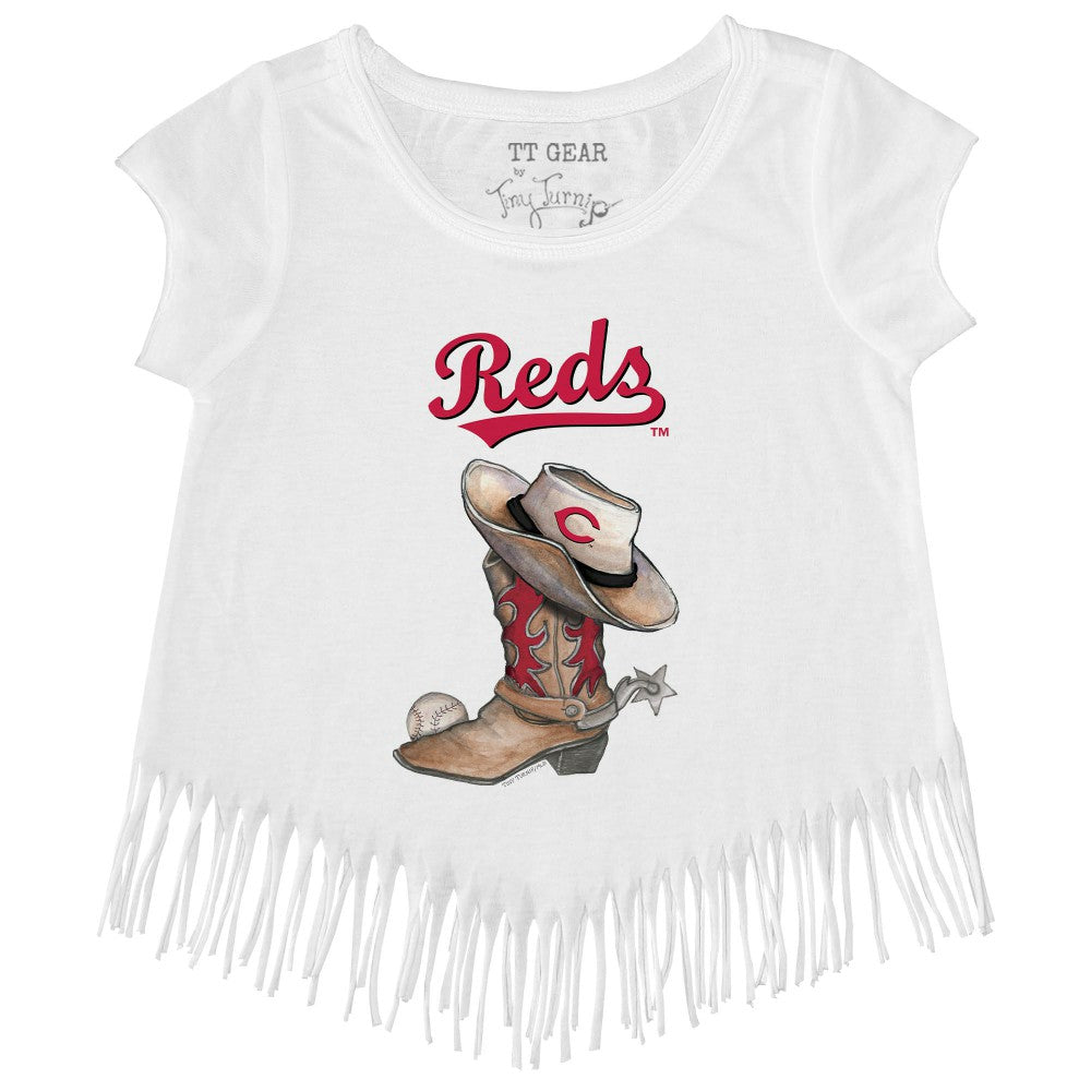 Cincinnati Reds Tiny Turnip Girls Youth Cowboy Boot Fringe T-Shirt - White - MLB Online
