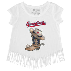 Cleveland Guardians Tiny Turnip Girls Youth Cowboy Boot Fringe T-Shirt - White - MLB Sale