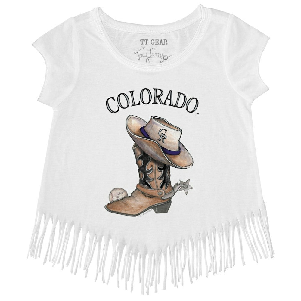 Colorado Rockies Tiny Turnip Girls Youth Cowboy Boot Fringe T-Shirt - White - MLB Online