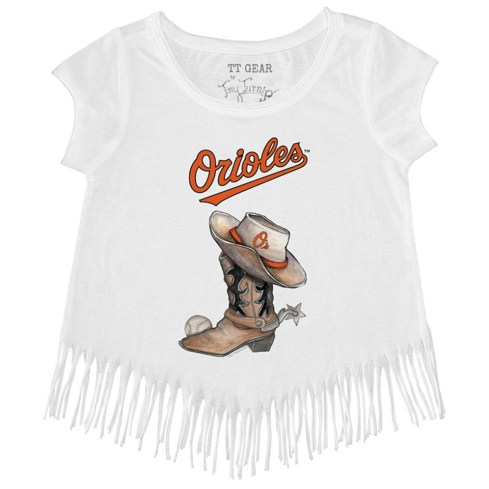 Baltimore Orioles Tiny Turnip Girls Youth Cowboy Boot Fringe T-Shirt - White - MLB Lifestyle