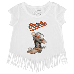 Baltimore Orioles Tiny Turnip Girls Youth Cowboy Boot Fringe T-Shirt - White - MLB Lifestyle