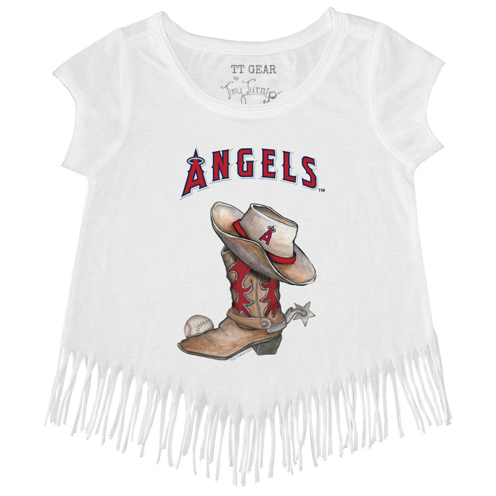 Los Angeles Angels Tiny Turnip Girls Youth Cowboy Boot Fringe T-Shirt - White - MLB on Sale
