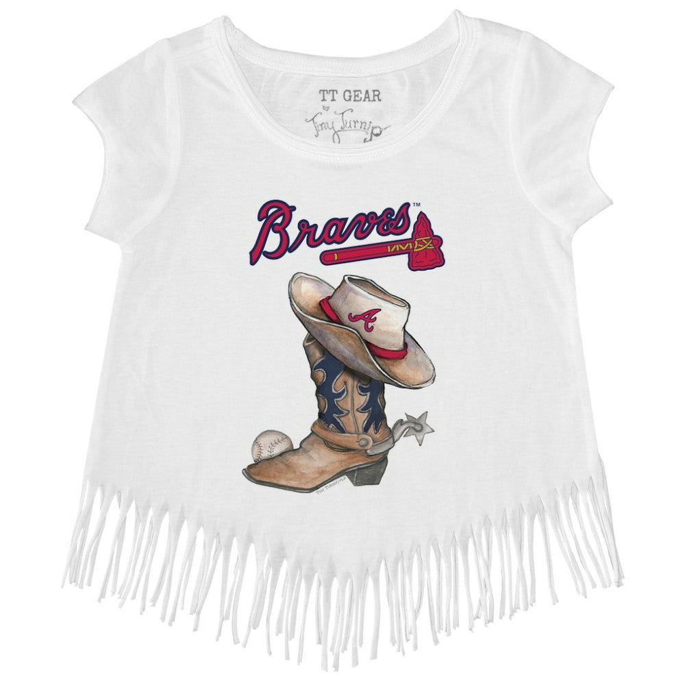 Atlanta Braves Tiny Turnip Girls Youth Cowboy Boot Fringe T-Shirt - White - MLB Discount