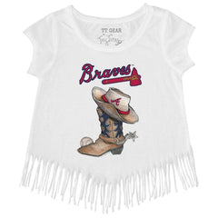 Atlanta Braves Tiny Turnip Girls Youth Cowboy Boot Fringe T-Shirt - White - MLB Discount