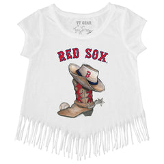 Boston Red Sox Tiny Turnip Girls Youth Cowboy Boot Fringe T-Shirt - White - MLB Lifestyle