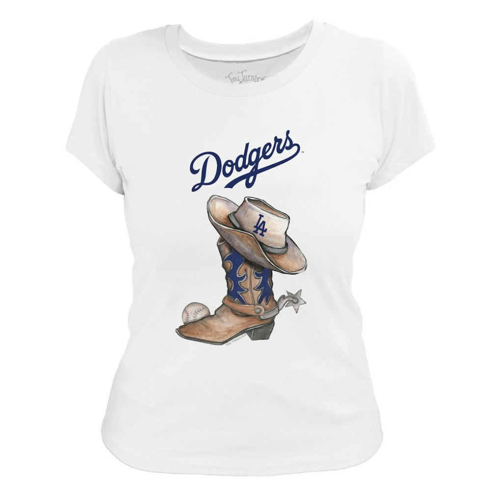 Los Angeles Dodgers Tiny Turnip Women's Cowboy Boot T-Shirt - White - MLB Discount
