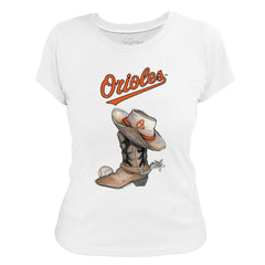 Baltimore Orioles Tiny Turnip Women's Cowboy Boot T-Shirt - White - MLB Sale