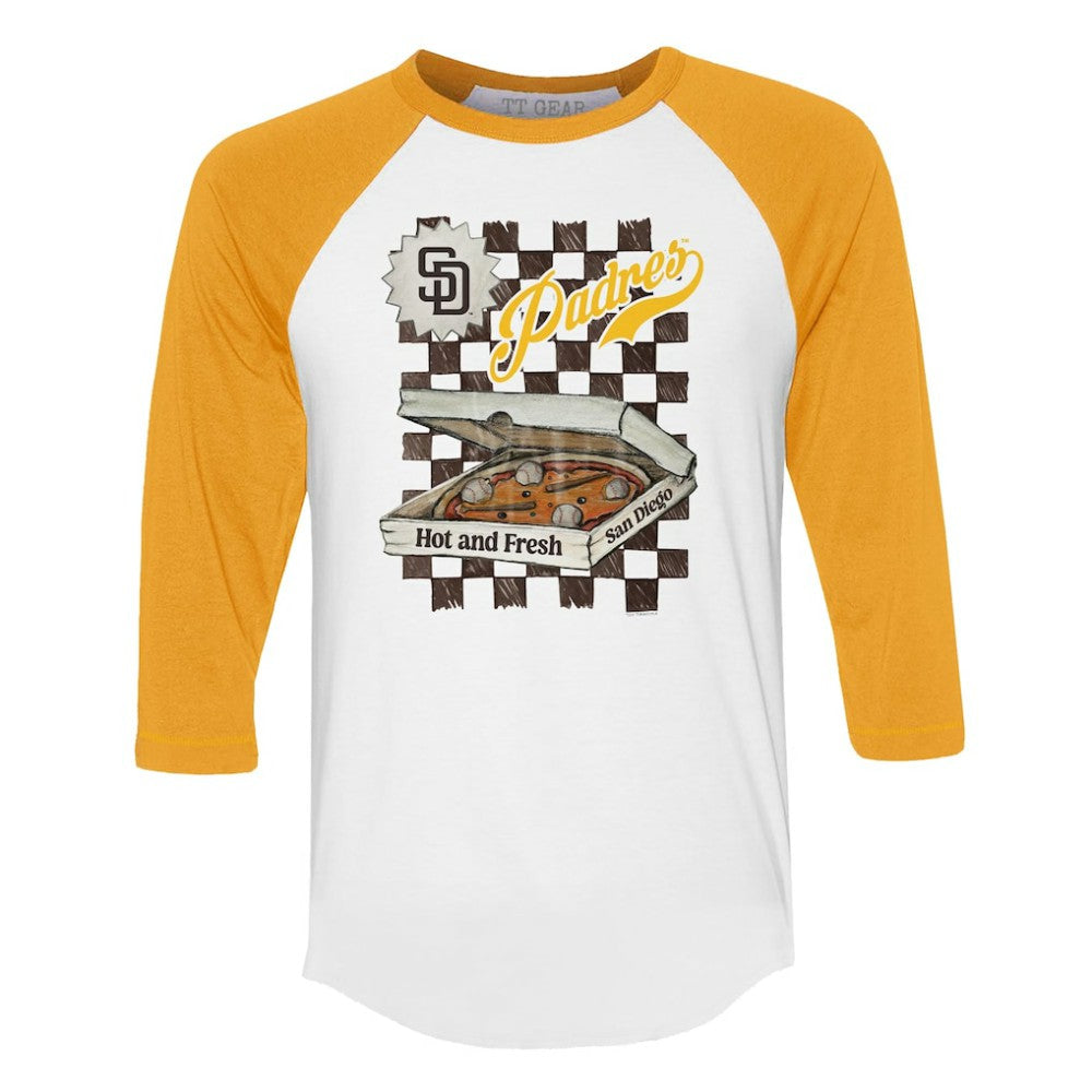 San Diego Padres Tiny Turnip Women's Pizza 3/4-Sleeve Raglan Baseball T-Shirt - White/Gold - MLB Sale