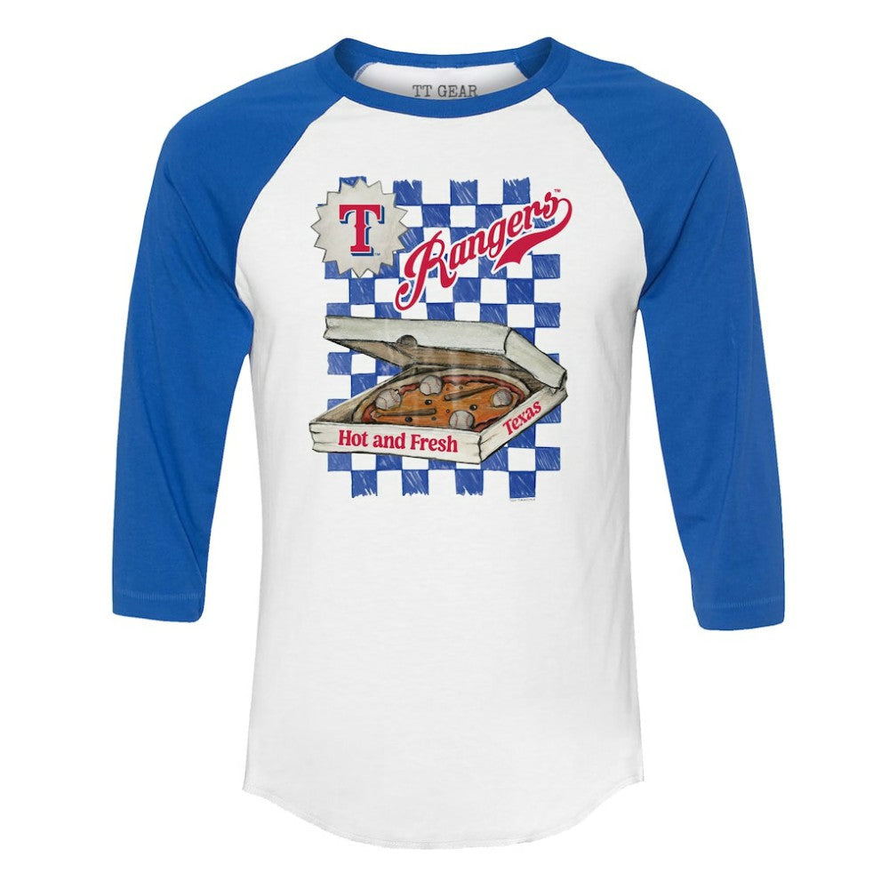 Texas Rangers Tiny Turnip Women's Pizza 3/4-Sleeve Raglan Baseball T-Shirt - White/Royal - MLB Lifestyle
