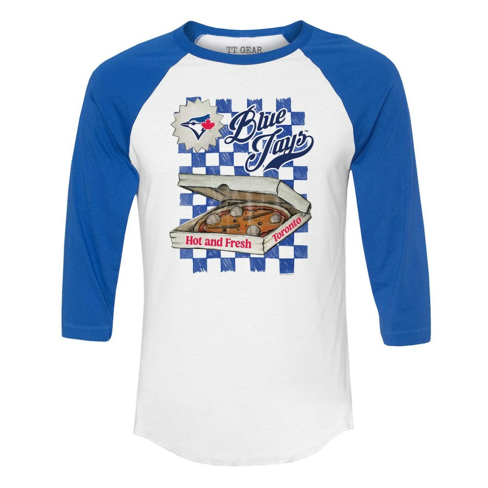 Toronto Blue Jays Tiny Turnip Women's Pizza 3/4-Sleeve Raglan Baseball T-Shirt - White/Royal - MLB Lifestyle