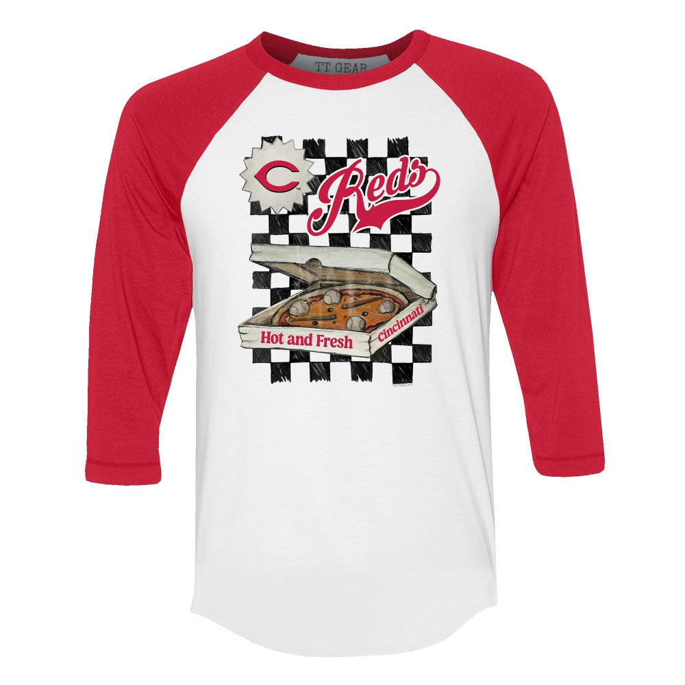 Cincinnati Reds Tiny Turnip Women's Pizza 3/4-Sleeve Raglan Baseball T-Shirt - White/Red - MLB Online