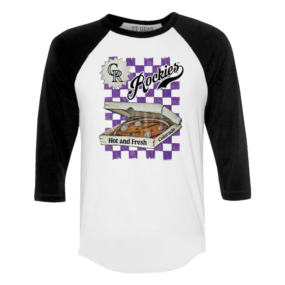 Colorado Rockies Tiny Turnip Women's Pizza 3/4-Sleeve Raglan Baseball T-Shirt - White/Black - MLB Lifestyle