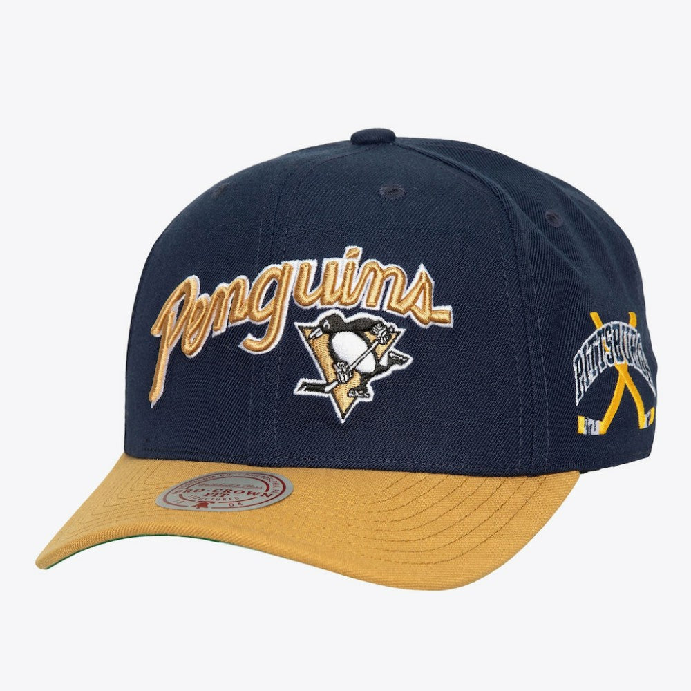 Pittsburgh Penguins Mitchell & Ness x Just Don Wave Script Pro Strapback Hat - Navy/Gold - NHL 203159320