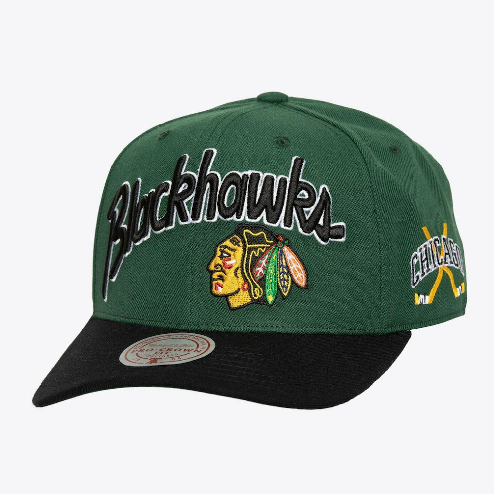 Chicago Blackhawks Mitchell & Ness x Just Don Wave Script Pro Strapback Hat - Green/Black - NHL 203159323