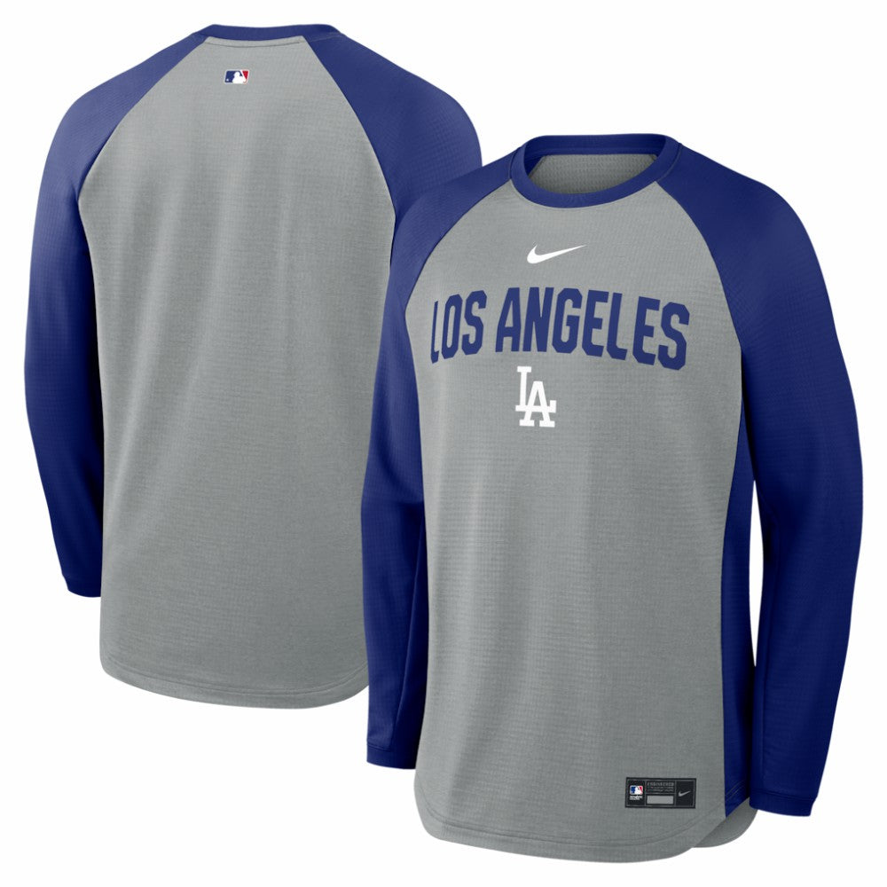 Los Angeles Dodgers Nike Authentic Collection Raglan Dri-FIT Sweatshirt - Heather Charcoal - Nike Sale