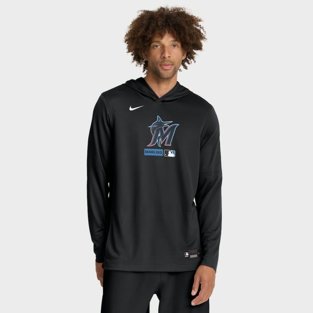 Miami Marlins Nike Authentic Collection Dri-FIT Long Sleeve Hooded T-Shirt - Black - Nike on Sale