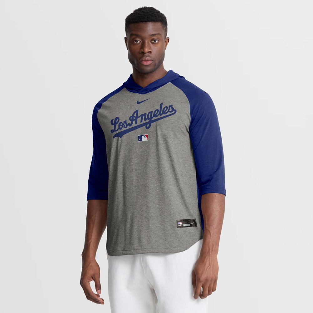 Los Angeles Dodgers Nike Authentic Collection Flux Dri-FIT Raglan 3/4-Sleeve Hooded T-Shirt - Gray - Nike on Sale