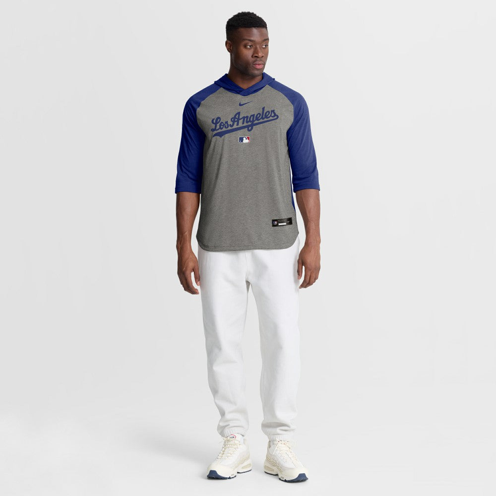 Los Angeles Dodgers Nike Authentic Collection Flux Dri-FIT Raglan 3/4-Sleeve Hooded T-Shirt - Gray - Nike on Sale