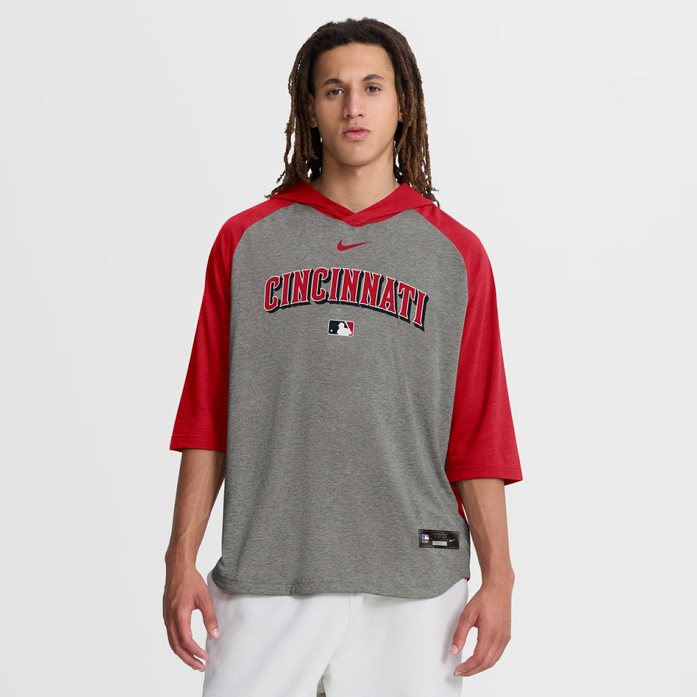 Cincinnati Reds Nike Authentic Collection Flux Dri-FIT Raglan 3/4-Sleeve Hooded T-Shirt - Gray - Nike on Sale