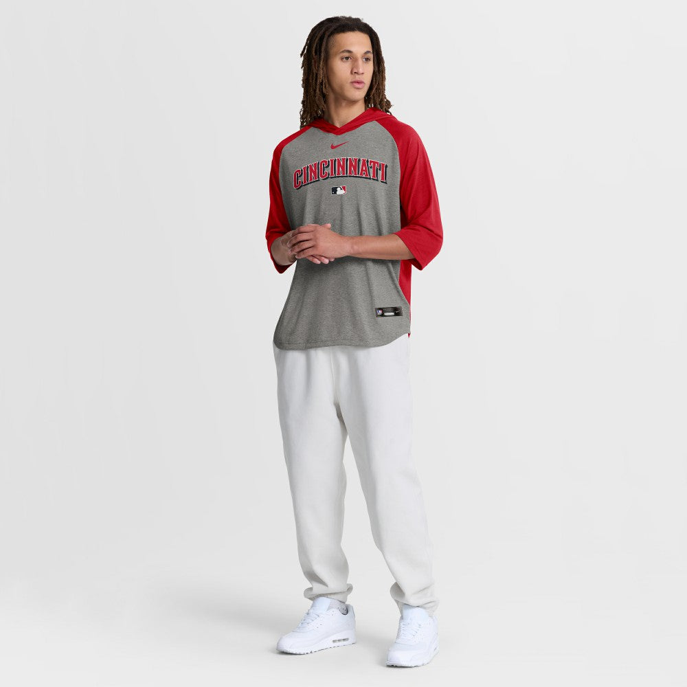 Cincinnati Reds Nike Authentic Collection Flux Dri-FIT Raglan 3/4-Sleeve Hooded T-Shirt - Gray - Nike on Sale