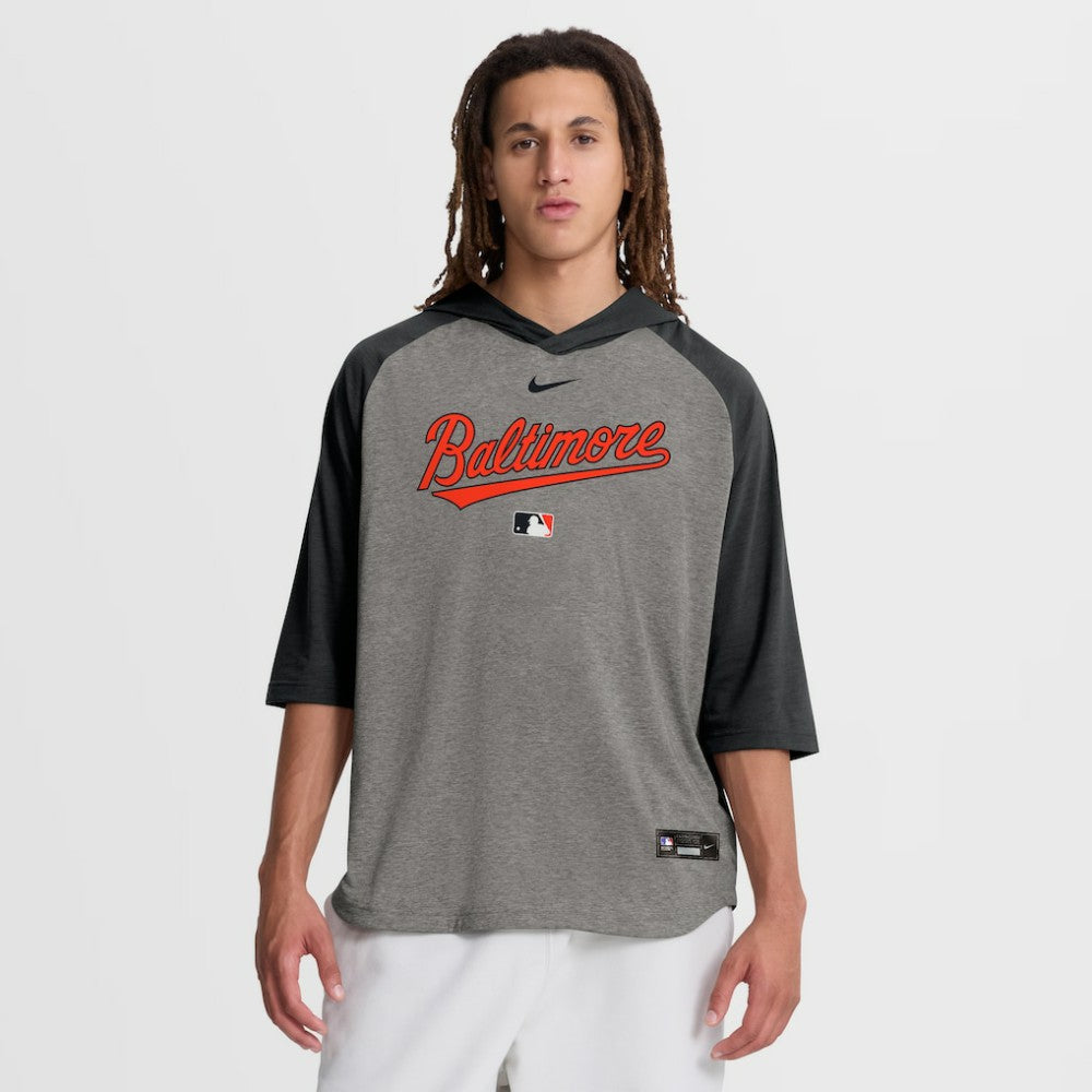 Baltimore Orioles Nike Authentic Collection Flux Dri-FIT Raglan 3/4-Sleeve Hooded T-Shirt - Gray - Nike on Sale