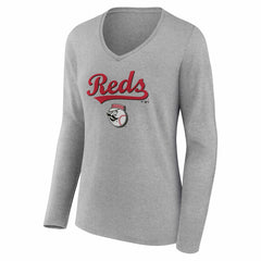 Cincinnati Reds Women's Team Lockup Long Sleeve V-Neck T-Shirt - Gray - MLB Sale