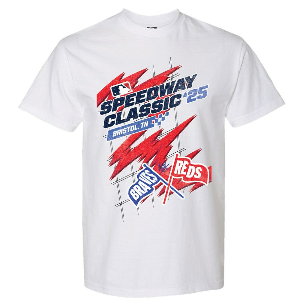 Cincinnati Reds vs. Atlanta Braves The Wild Collective Women's 2025 Speedway Classic Flags T-Shirt - White - MLB on Sale