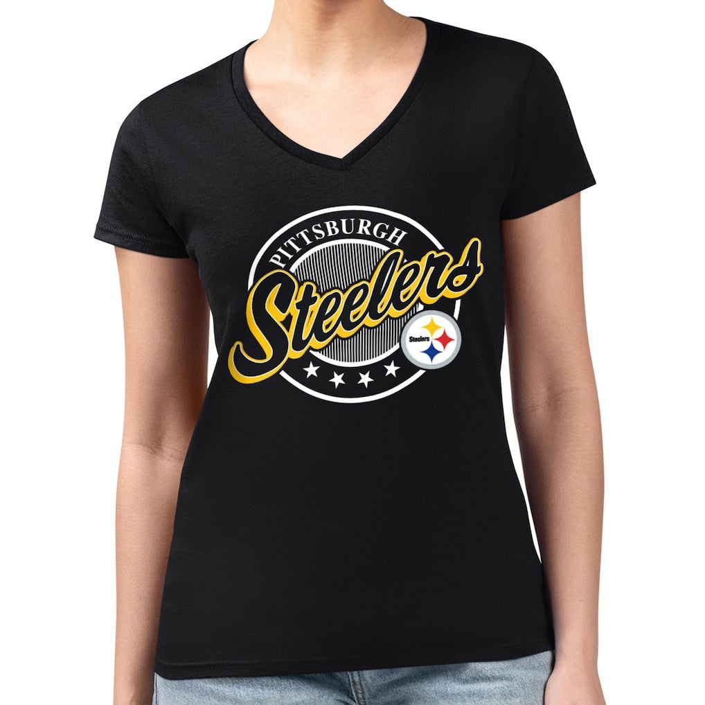 Pittsburgh Steelers G-III 4Her by Carl Banks Women's Super-Slim Fit Lightweight Pinstripe Circle V-Neck T-Shirt Black