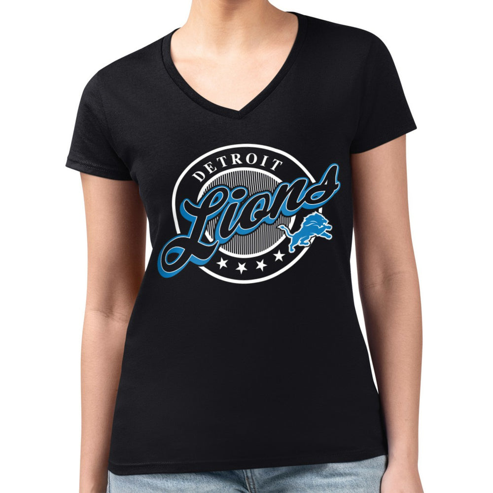 Detroit Lions G-III 4Her by Carl Banks Women's Super-Slim Fit Lightweight Pinstripe Circle V-Neck T-Shirt Black
