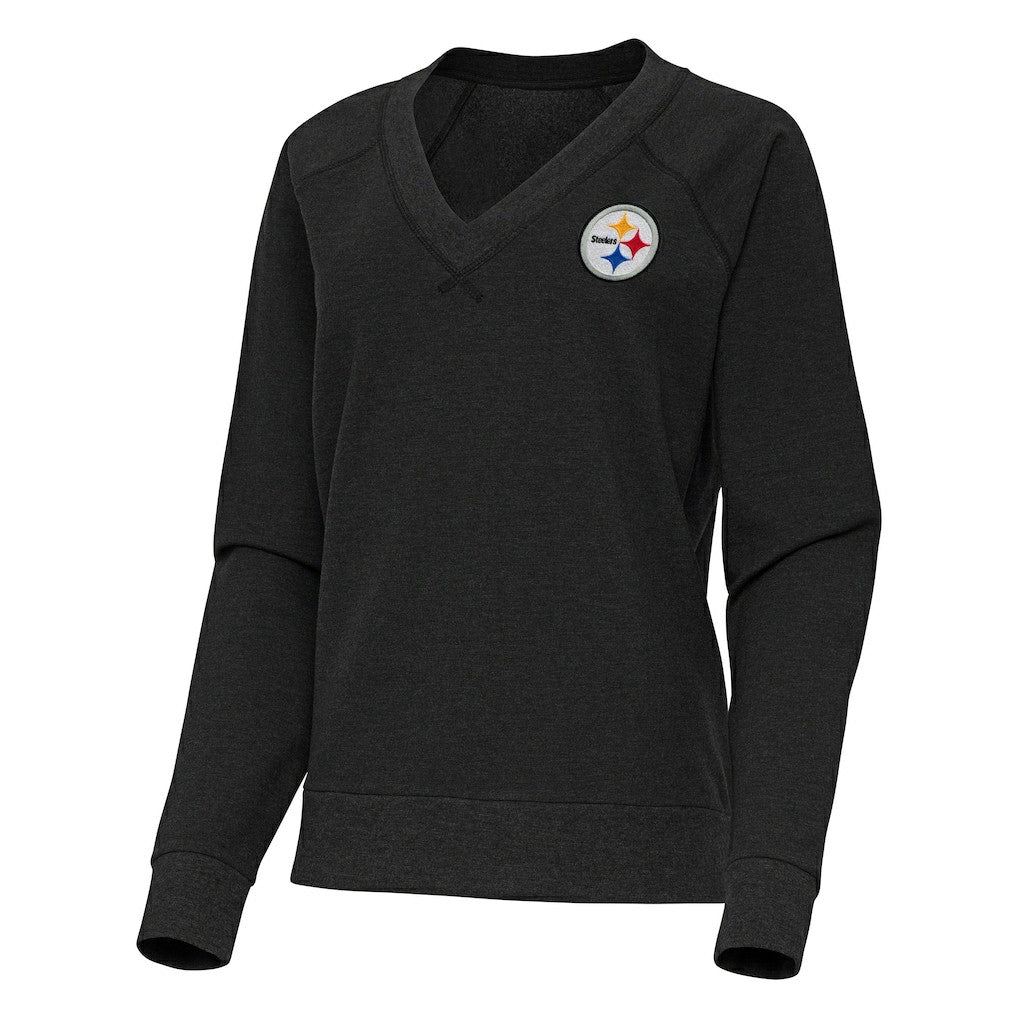 Pittsburgh Steelers Antigua Women's Varsity Tri-Blend V-Neck Long Sleeve T-Shirt Heather Black